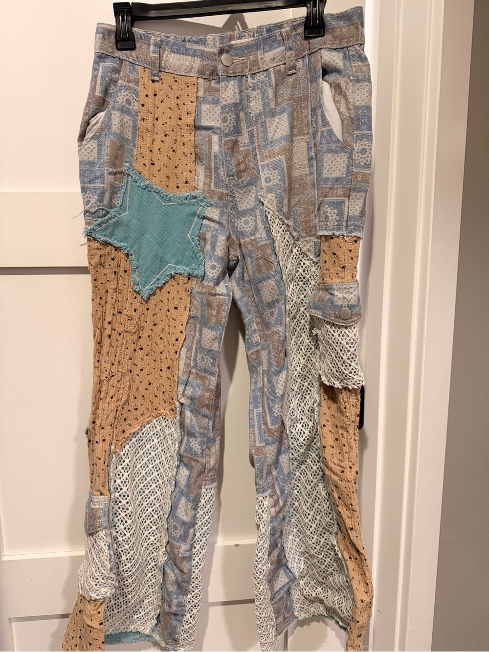POL Patchwork Star Cargo Pants - Blue & Tan